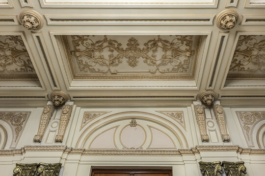 Interior of Palace of the Parliament (Palatul Parlamentului) building. Palace's floor area of 365,000 square metres. BUCHAREST, ROMANIA. JUNE 18, 2021.