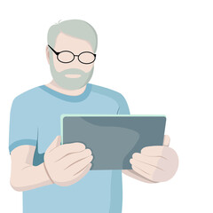 Portrait of an elderly man with a tablet in his hands, faceless vector illustration, isolate on white background