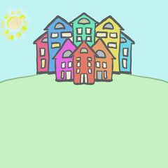 Painted houses on the hill. Small town illustration. 