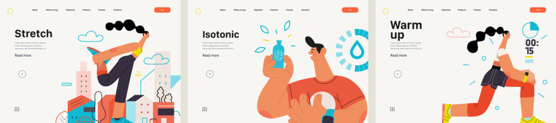 Runners website templates set. Flat vector concept illustrations of athletes running in a park, forest, stadium track or street landscape. Healthy activity and lifestyle. Sprint, jogging, warming up.