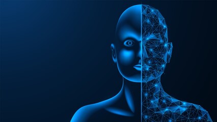 The symbiosis of man and artificial intelligence. Combining the human brain and AI. Polygonal design of interconnected elements. Blue background.