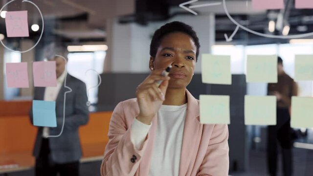 Serious woman manager examining information on sticky notes and finding solution. Female corporate leader and writing at glass wall with stickers in office.