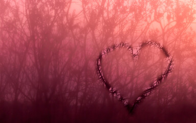 heart painted on window glass, in coral color. the fogged window. background of tree branches outside the window in coral color