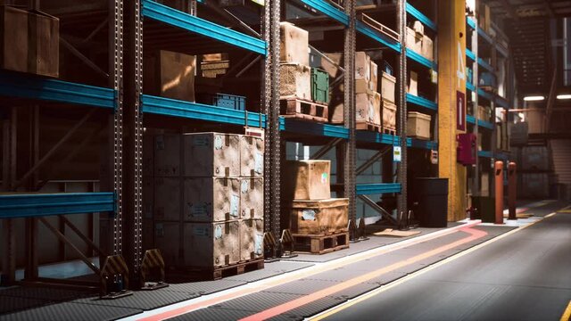 Modern warehouse shelves with pile of cardboard boxes