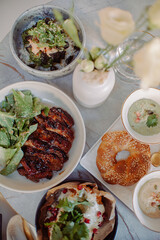 breakfast with various dishes in a cozy place