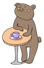 Funny cartoon brown bear standing near the table drinking tea or coffee in a purple mug. Happy satisfied face. Adorable illustration for kids isolated on a white background.