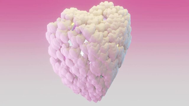 Close Up rotating crystal loop heart and many small flying hearts. Greeting card for Valentine's Day, wedding and cute movie. Dimensional Delights. 3D animation footage. 4k