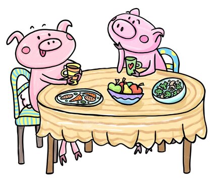 Two funny little pigs sitting at the table drinking coffee and tea. Friends. Vegetables and fruit. Adorable hand drawn cartoon illustration for kids isolated on a white background