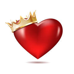Realistic red elegant heart with golden crown king. Happy valentines day card