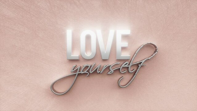 Love yourself text inscription, love symbol and positive motivation concept, motivational and inspirational slogan animated lettering, 3d render of festive greeting card motion background