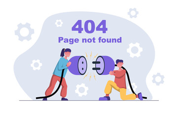 Mistake: 404 page not found. A woman and a man holding a disconnected cable.