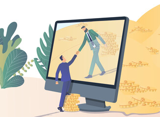 Teamwork. Businessman helps a man up a stack of coins in the monitor 