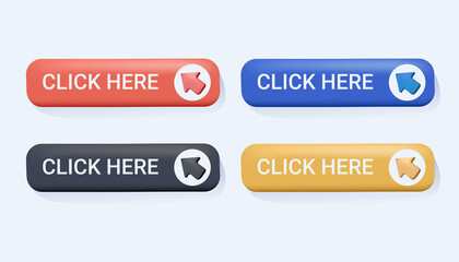 Click here button with arrow pointer clicking icon. Click here vector web button. Web button with action arrow pointer
