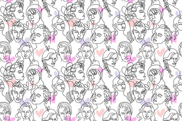 beautiful line art surreal abstract men and women face decorated in seamless pattern style. conceptual of people in love Valentine's day background