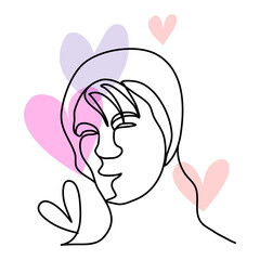 Man facial one line art illustration minimalism style with pastel tone color hearts. Idea for Valentine's day theme.