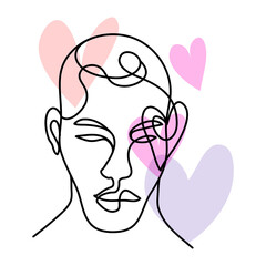 Man facial one line art illustration minimalism style with pastel tone color hearts. Idea for Valentine's day theme.