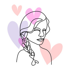 Women facial one line art illustration minimalism style with pastel tone color hearts. Idea for Valentine's day theme.
