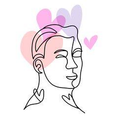 Man facial one line art illustration minimalism style with pastel tone color hearts. Idea for Valentine's day theme.