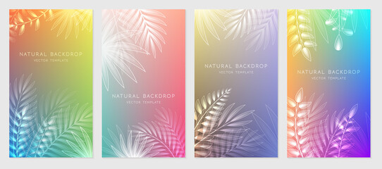 Vector set of bright gradient covers with palm leaves and shiny plants. Design of flyers, banners, card, posters for products of yoga, mental health, meditation, enjoy and concept with positive vibes.