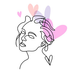 Women facial one line art illustration minimalism style with pastel tone color hearts. Idea for Valentine's day theme.