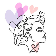 Women facial one line art illustration minimalism style with pastel tone color hearts. Idea for Valentine's day theme.