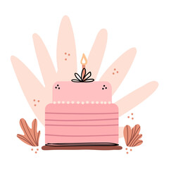 Illustration of a festive birthday cake. Cake decorated with candles for a baby party. Simple cute style.
