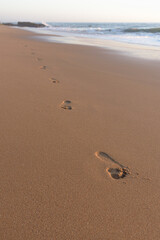 Footprints in the sand on the beach at sunset, Cape Trafalgar, Canos de Meca, Cadiz, Andalusia, Spain