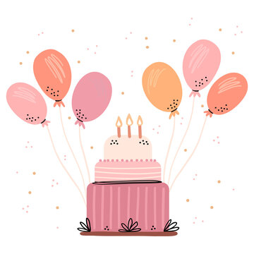 Illustration of a festive birthday cake. Cake decorated with candles and balloons for a baby party. Simple cute style.
