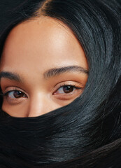 Sleek hair on fleek. Studio portrait of an attractive young woman posing with her hair covering her face.