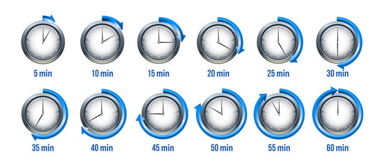 Realistic Timer clock, stopwatch icon set. Label preparation time or cooking time