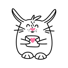 A cute valentine bunny holds a letter with a heart symbol.