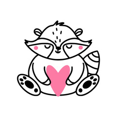 A cute valentine raccoon holds a heart symbol.