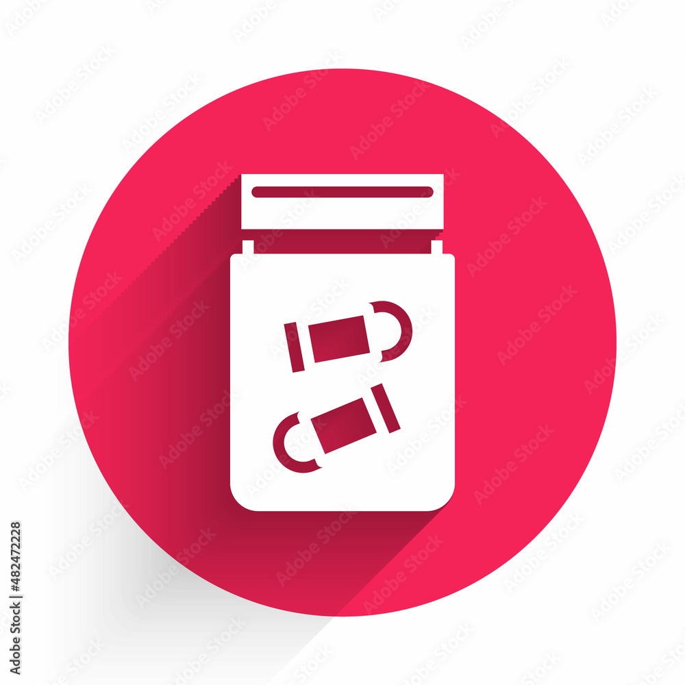 Poster white evidence bag with bullet icon isolated with long shadow background. red circle button. vector