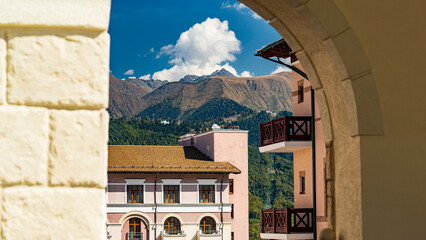 Sochi, Krasnaya Polyana, Russia - September 2021: mountain air 960m on the background of a mountain range