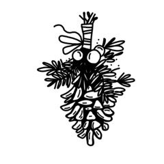 Christmas tree decoration in vector. Pinecone black and white line art hand drawing