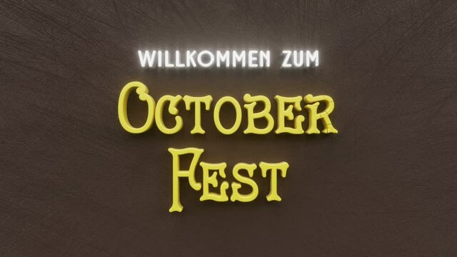 Willkommen Zum Oktoberfest text inscription, october bavarian alcohol festival and german beer party concept, decorative animated lettering, 3d render of festive greeting card motion background