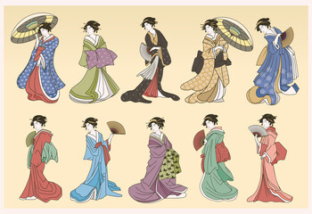 Set of colored japanese geisha with traditional clothes Vector - obrazy, fototapety, plakaty