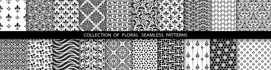 Geometric floral set of seamless patterns. Black and white vector backgrounds. Simple illustrations