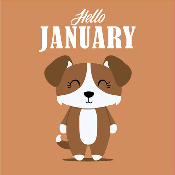 Hello January, a greeting card with a cute and adorable dog animal image, on a plain colored background that is suitable for template designs, invitations, and other design needs.