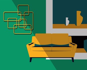 Retro interior design of the 50's. Vector poster with furniture.