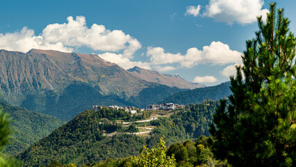 Sochi, Krasnaya Polyana, Russia - September 2021: panorama of the mountain peaks