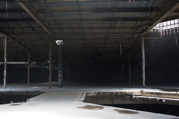 Abandoned shopping mall. Dark urban environment. Large scary place. destruction
