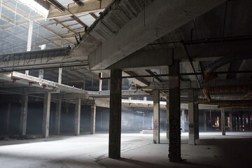 Abandoned shopping mall. Dark urban environment. Large scary place. destruction
