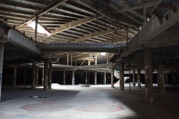 Abandoned shopping mall. Dark urban environment. Large scary place. destruction
