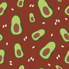 Seamless pattern with avocado. Red background. Vector illustration