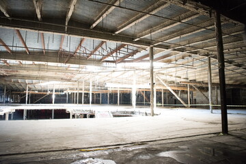 Abandoned shopping mall. Dark urban environment. Large scary place. destruction
