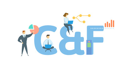 C and F, Cost and Freight. Concept with keyword, people and icons. Flat vector illustration. Isolated on white.