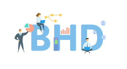 BHD, Bahraini Dinar. Concept with keyword, people and icons. Flat vector illustration. Isolated on white.