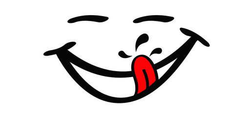 Cartoon yummy smile with tongue and lick. Food  logo. Funny vector laugh comic sign or icon. Delicious, tasty eating  and licking lips icon