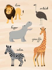 cute cartoon african animals nursery poster, natural beige background, vector illustration for children and kids